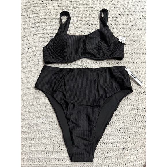 NWT VS PINK 2 Pc Wave Bikini Top & Matching HI Waist Cheeky Bottom Sz L Black - Picture 1 of 16